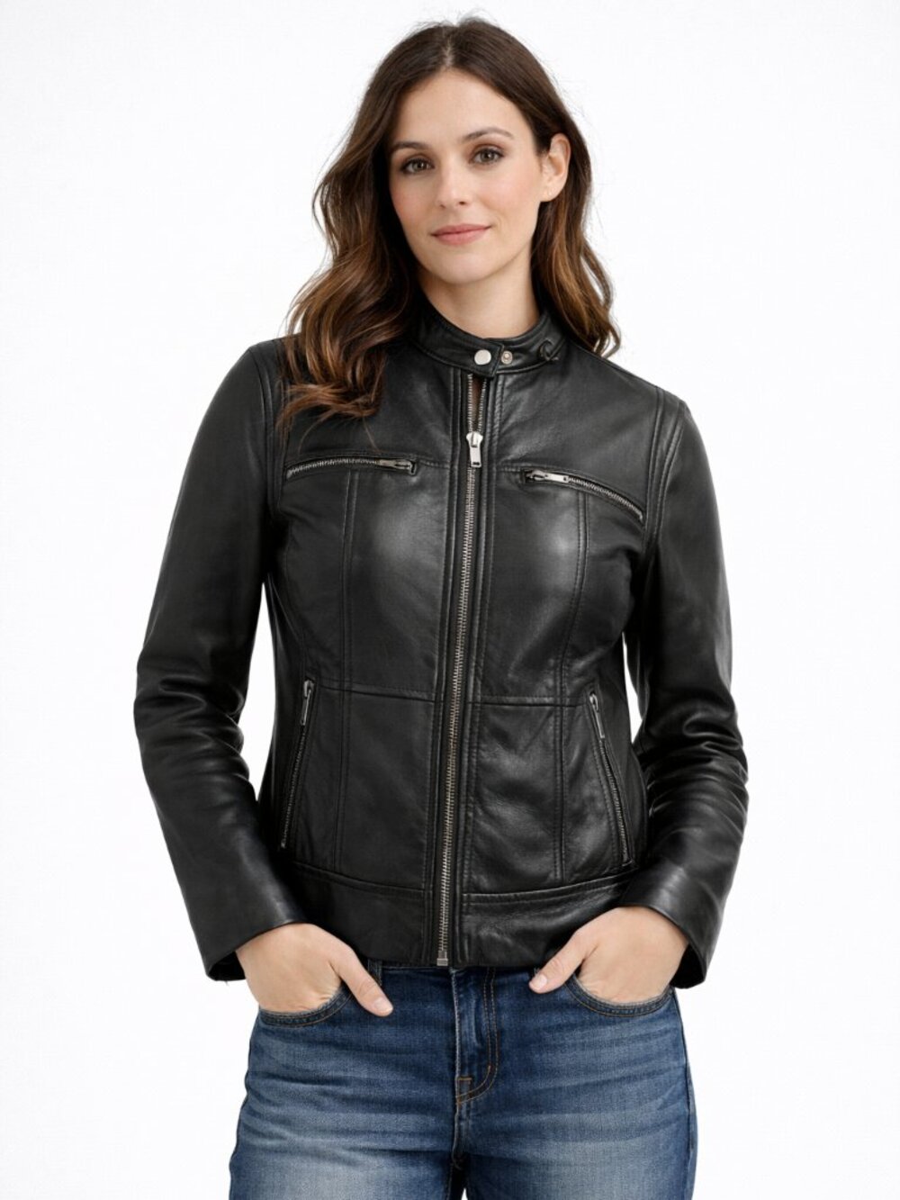 Black Michael Kors genuine leather jacket size small with zip collar moto